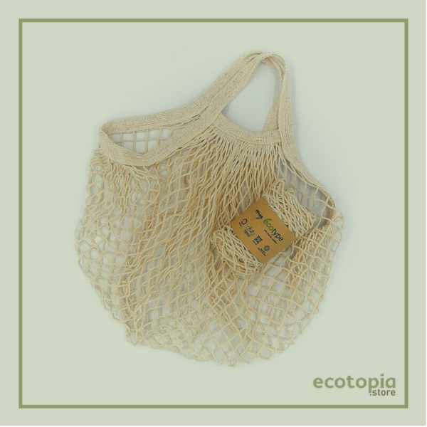 Mesh bag with short handle made of organic cotton